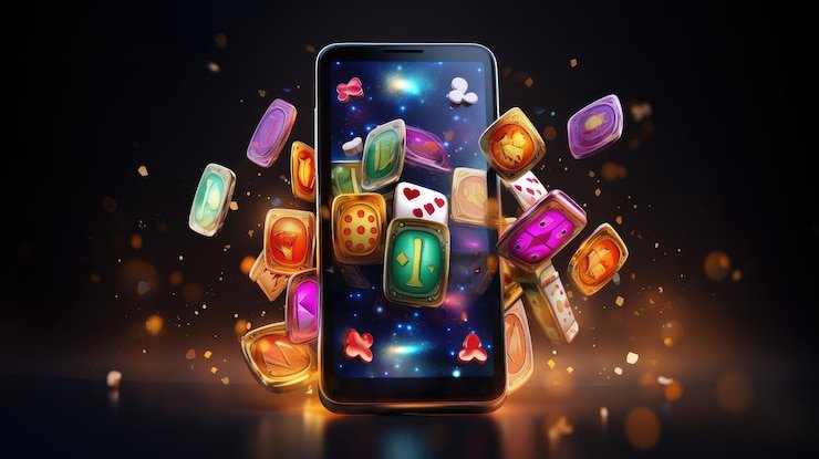 Ilustrasi hiburan sports dan casino dengan tema neon merah memenuhi layar perangkat mobile di Indonesia